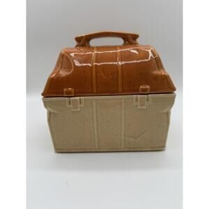 McCoy Pottery Lunch Box Cookie Jar 357 Pale Ceramic Dents Working Man USA Rustic